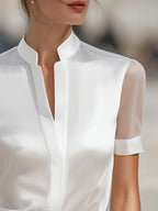 Therese - Women's Stand Collar Satin Blouse with Sheer Long Sleeves
