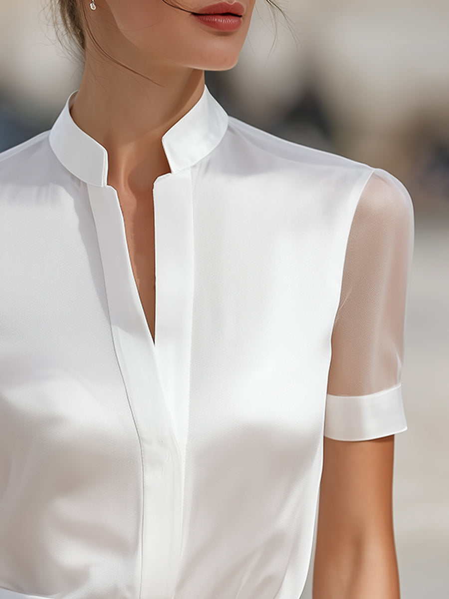 Therese - Women's Stand Collar Satin Blouse with Sheer Long Sleeves