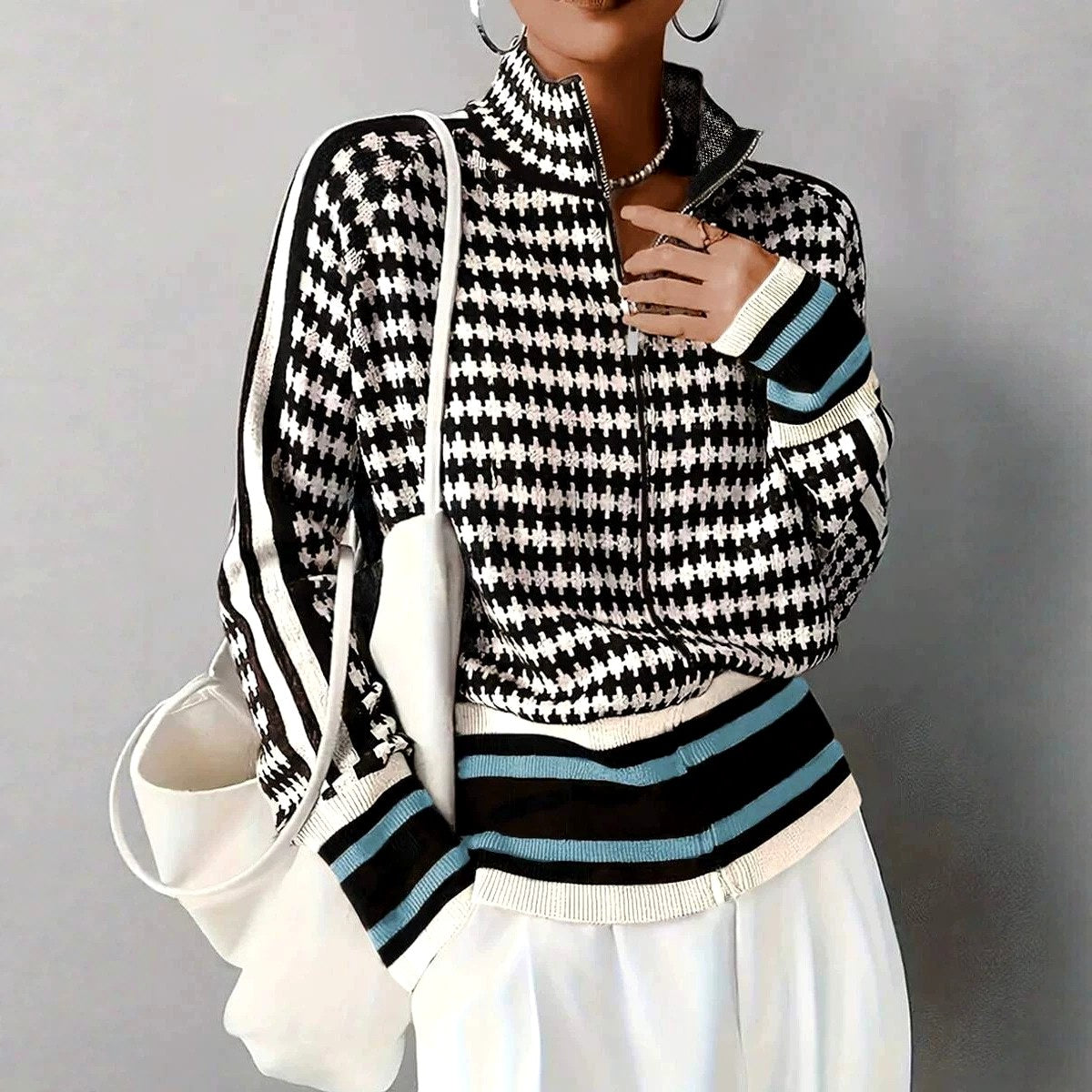 Tiffany - Women's Houndstooth Zip-Up Knit Cardigan 3