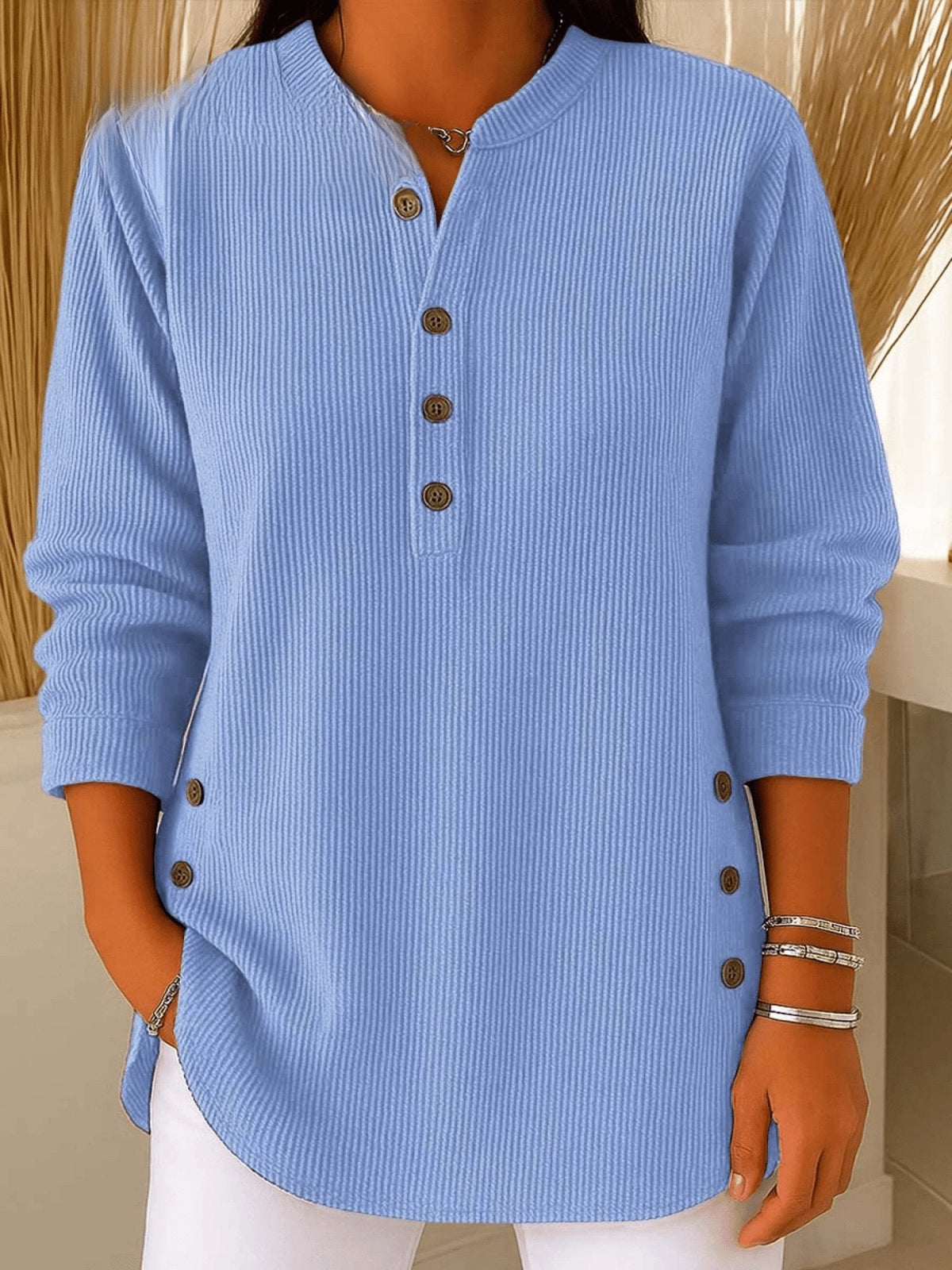 Vera - Women's Ribbed Henley Tunic with Side Button Details