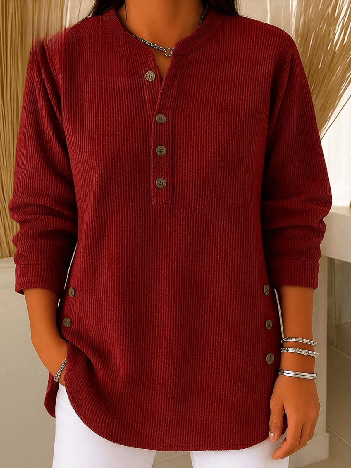 Vera - Women's Ribbed Henley Tunic with Side Button Details
