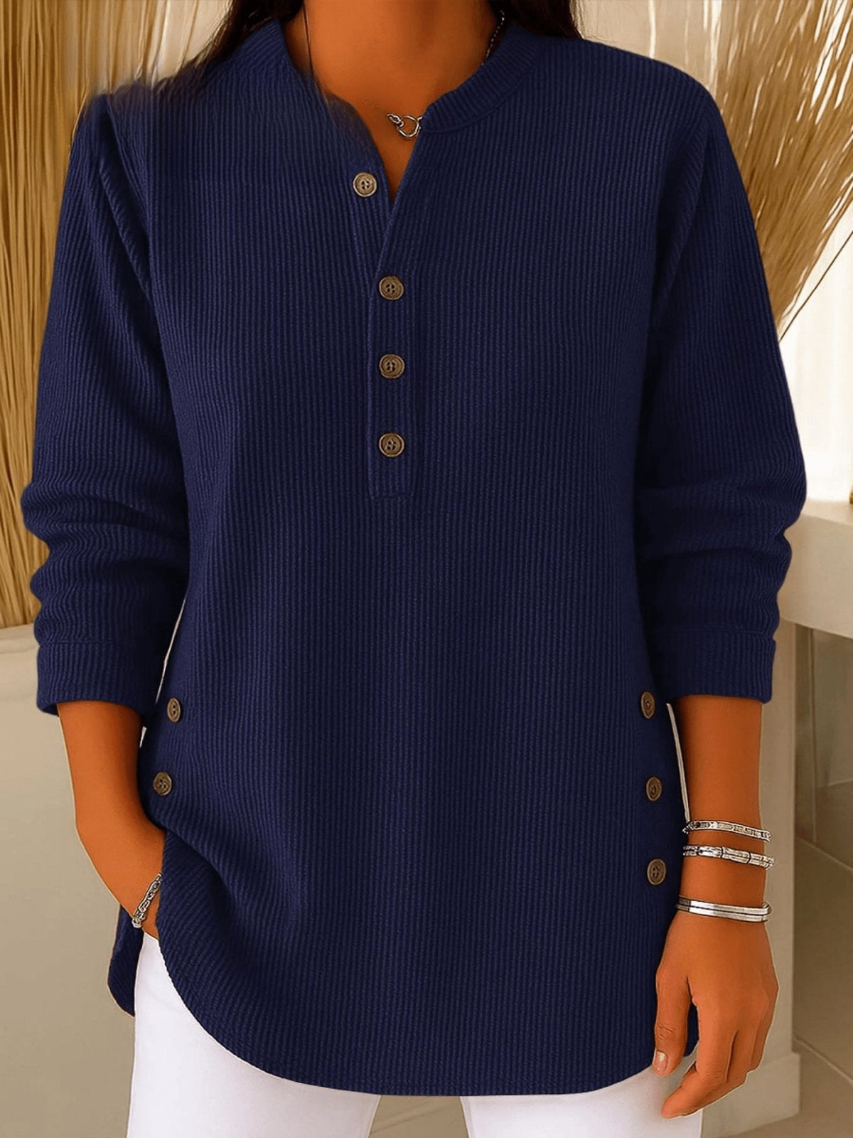 Vera - Women's Ribbed Henley Tunic with Side Button Details