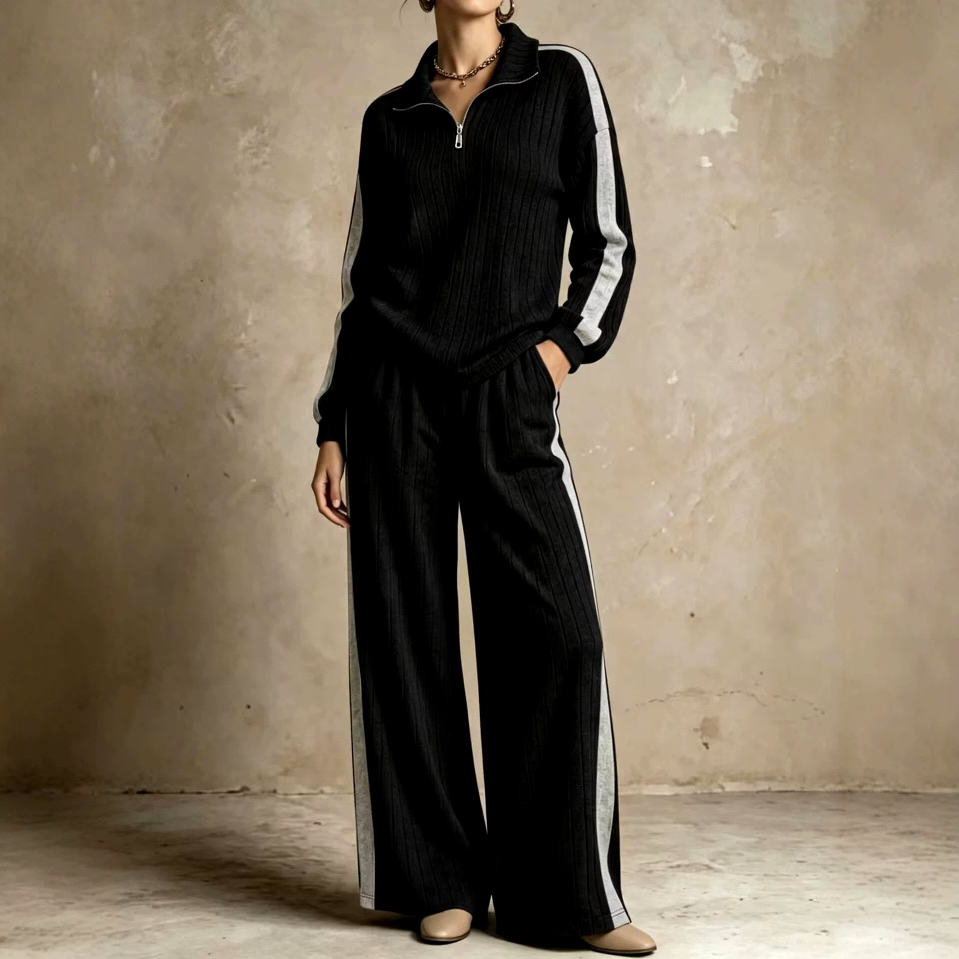 Vera - Women's Half-Zip Ribbed Top & Wide-Leg Pants Set 2