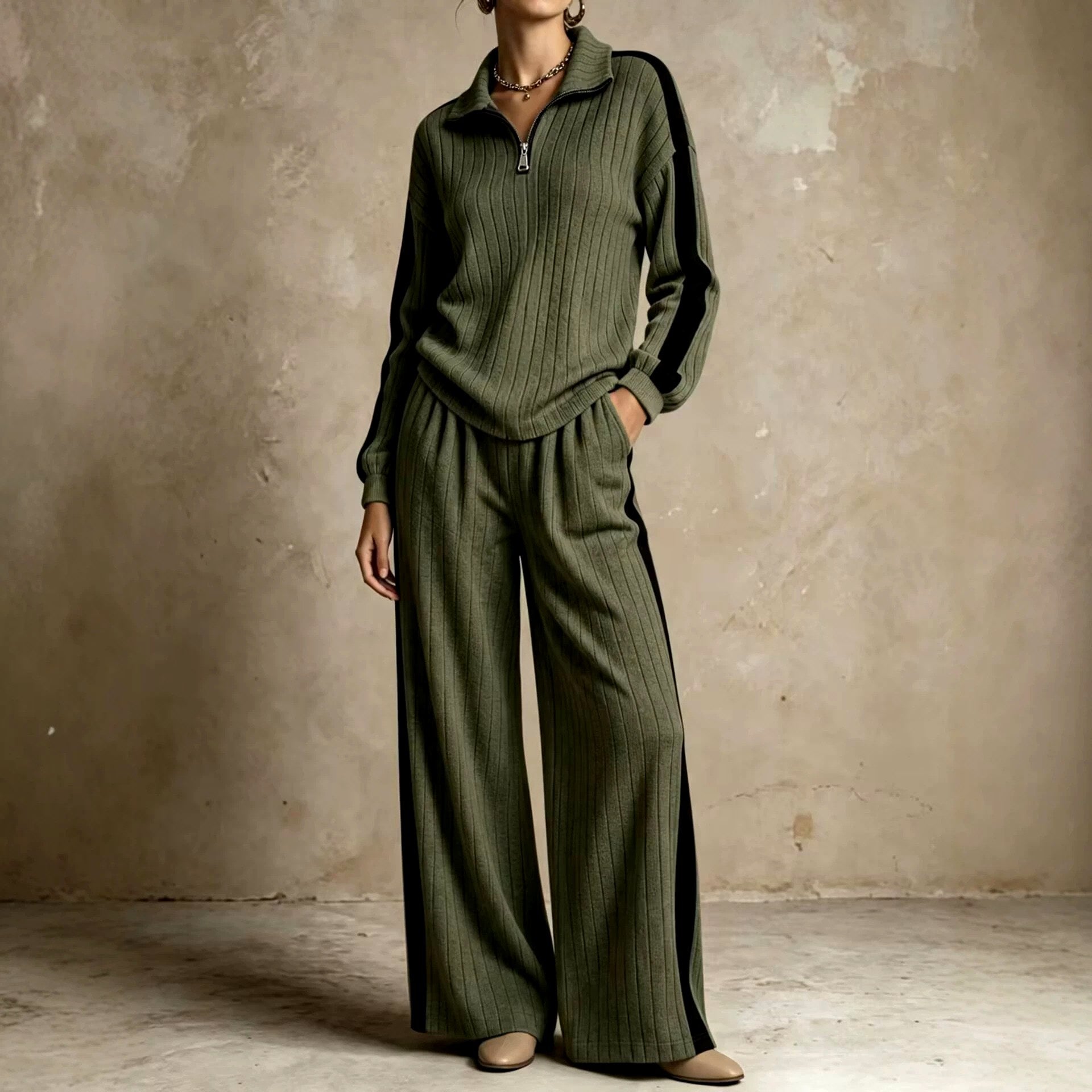 Vera - Women's Half-Zip Ribbed Top & Wide-Leg Pants Set 4