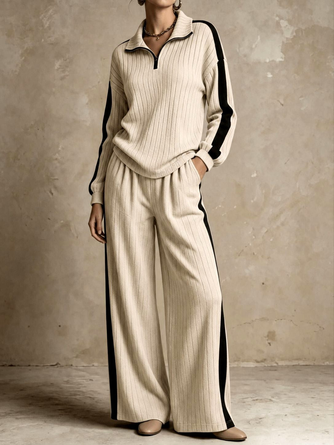Vera - Women's Half-Zip Ribbed Top & Wide-Leg Pants Set 5