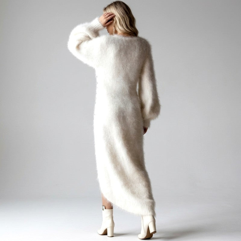 Viona - Women's Long Sleeve V-Neck Casual Dress with High Slit 1