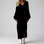 Viona - Women's Long Sleeve V-Neck Casual Dress with High Slit 3