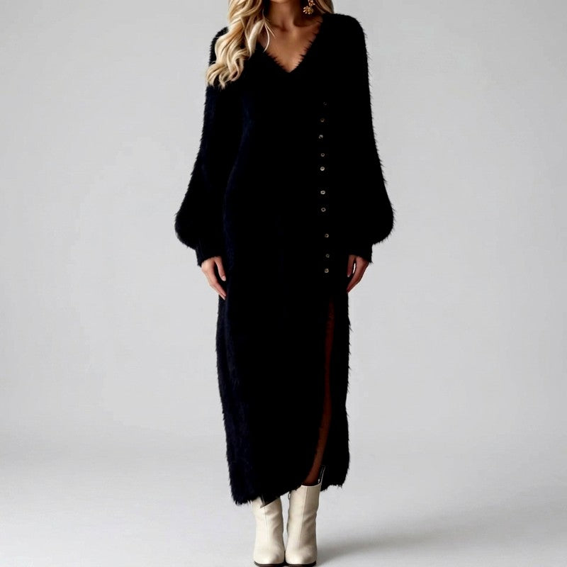 Viona - Women's Long Sleeve V-Neck Casual Dress with High Slit 3