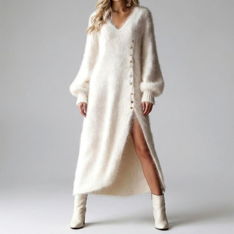 Viona - Women's Long Sleeve V-Neck Casual Dress with High Slit 4