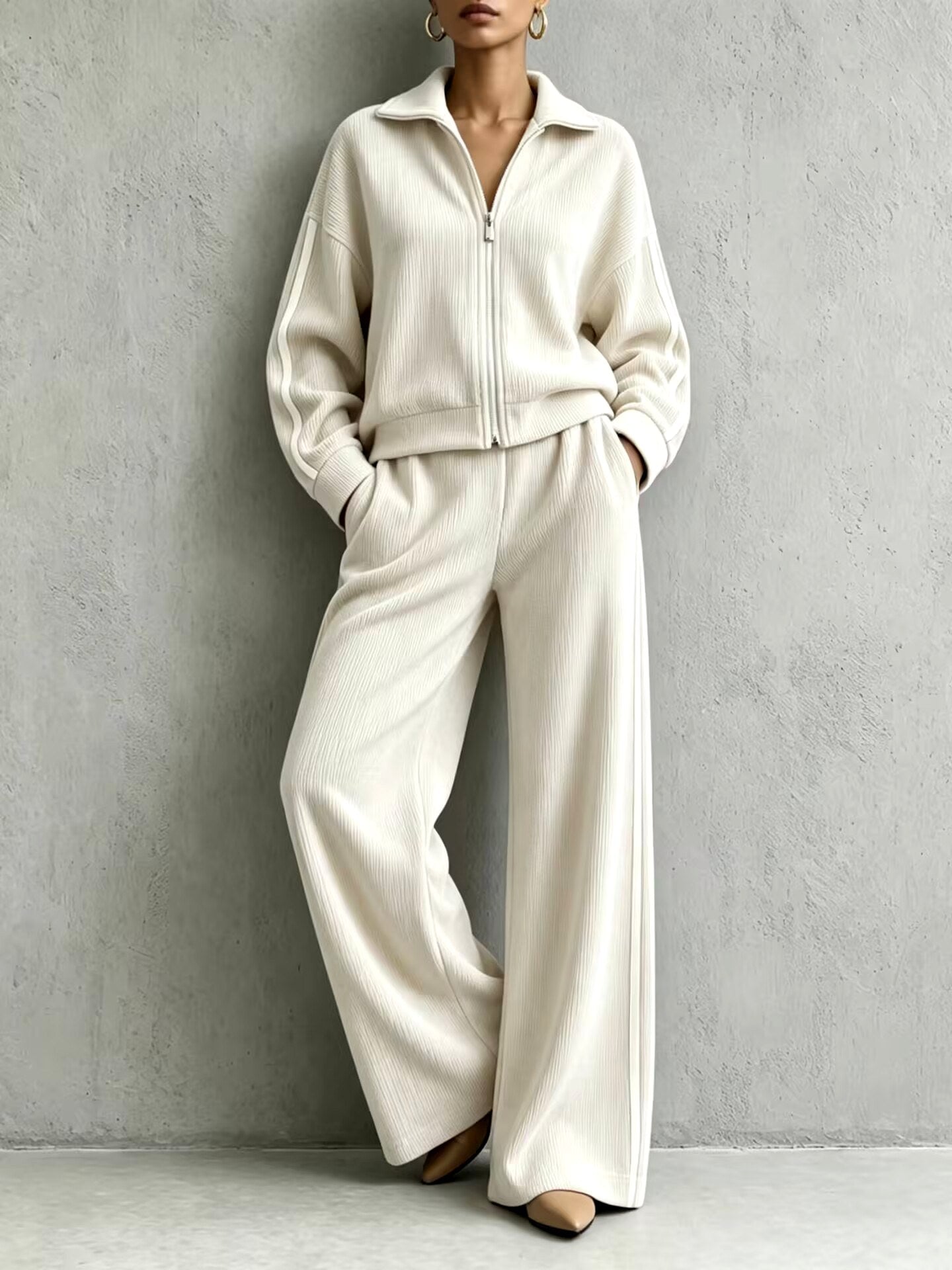 Whitney - Women's Ribbed Track Jacket & Wide-Leg Pants Set 2