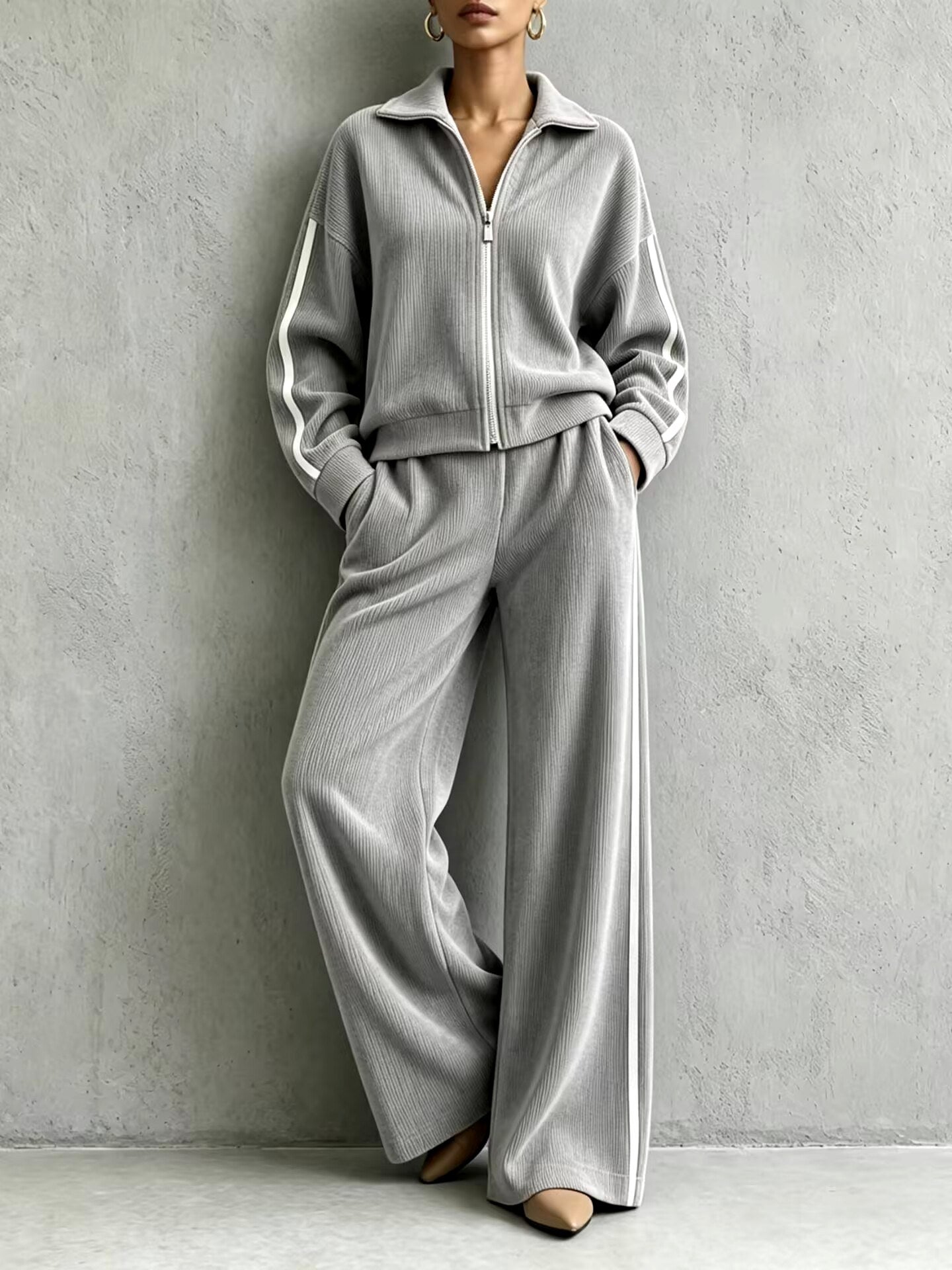 Whitney - Women's Ribbed Track Jacket & Wide-Leg Pants Set 3