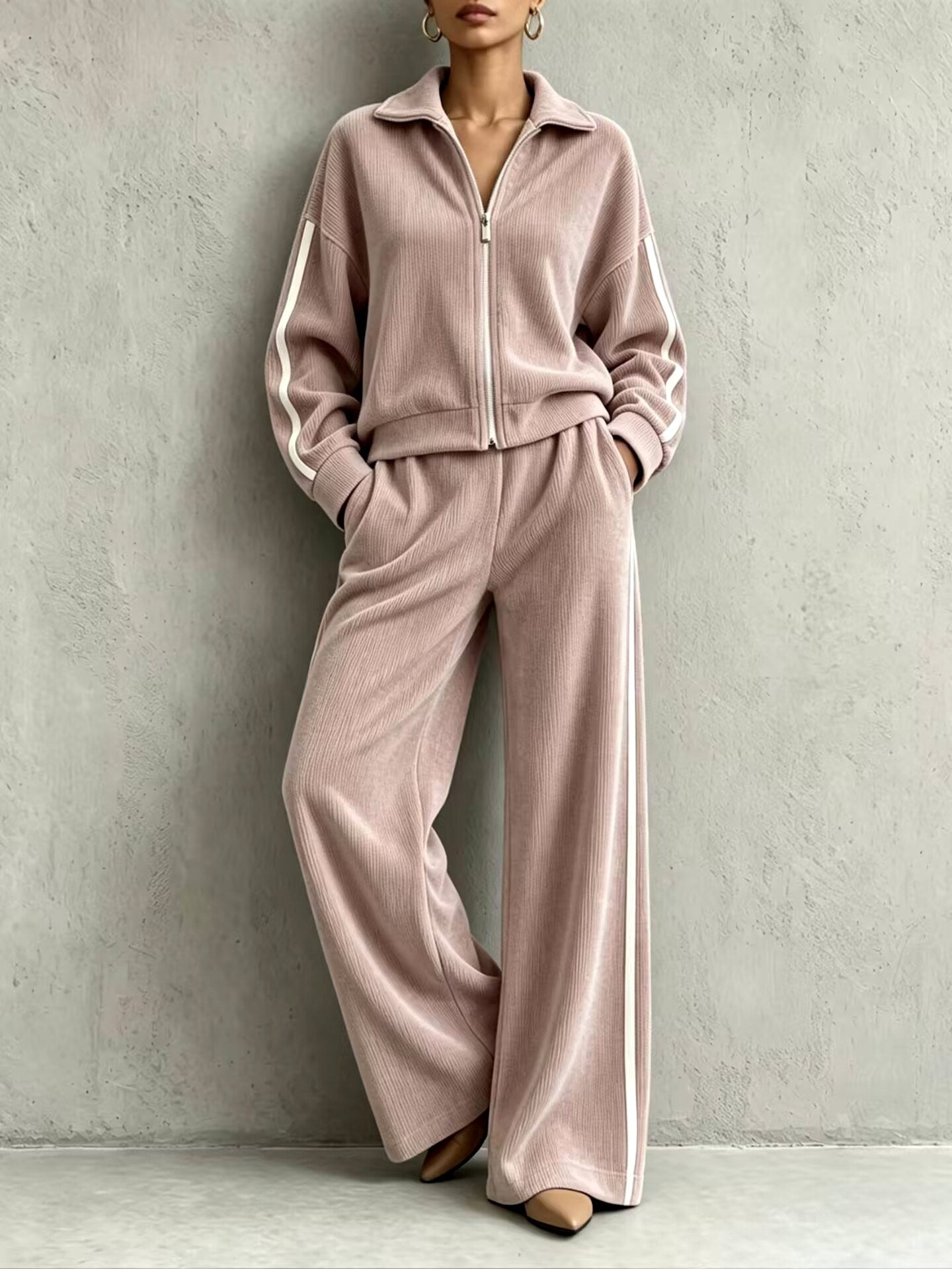 Whitney - Women's Ribbed Track Jacket & Wide-Leg Pants Set 4