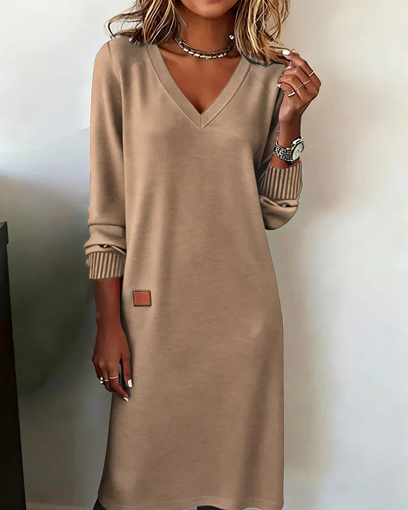 Winona - Women's V-Neck Midi Dress with Ribbed Cuffs