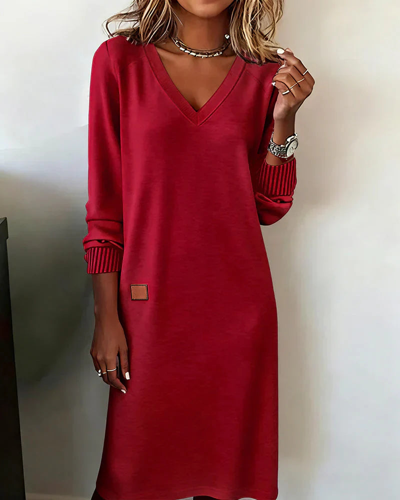 Winona - Women's V-Neck Midi Dress with Ribbed Cuffs