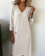 Winona - Women's V-Neck Midi Dress with Ribbed Cuffs