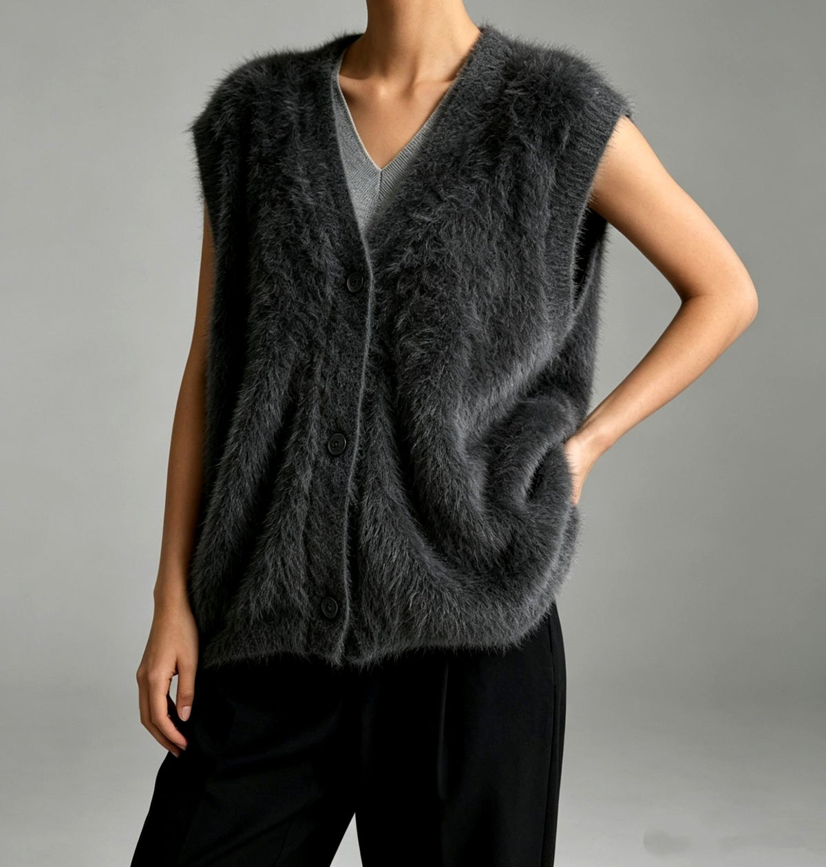 Zoey - Women's Fuzzy Knit Button-Front Vest 5